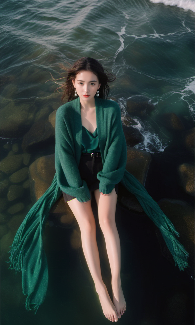 00793-869609452-8K,raw,from above,1gril,solo,full body,long legs,sweater,Dark green scarf,sea,The glimmer of the sea,KODAK Ektar 100,(Film grain.png